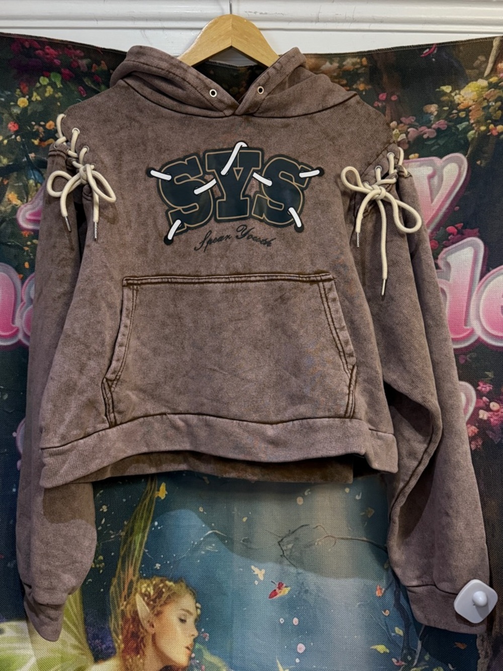 SYS Logo Brown Tie-Detail Cropped Hoodie
